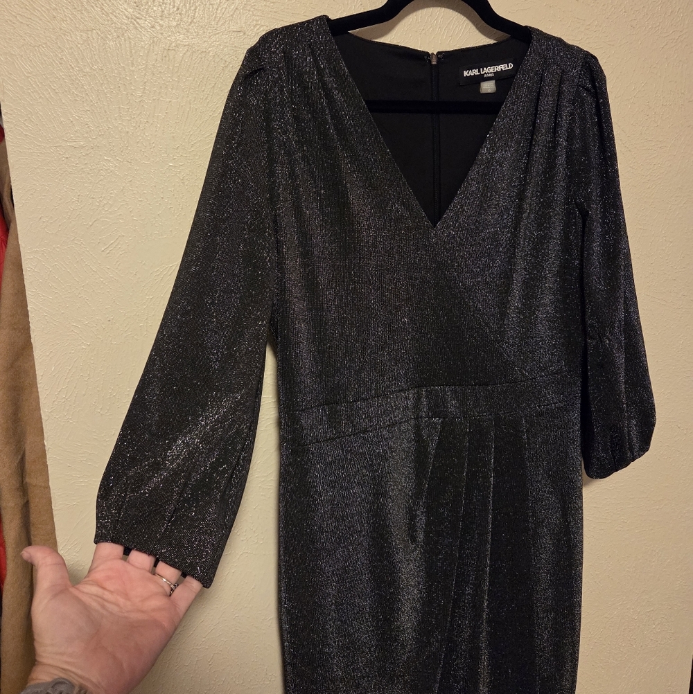 Karl Lagerfeld Metallic Ponte Stretch Silver Faux Wrap Party Dress Women's 10 - Picture 5 of 12
